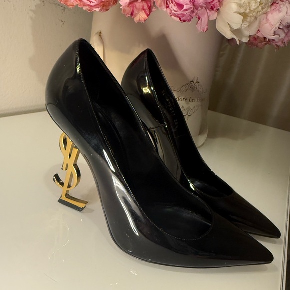 Saint Laurent Black Patent Heels with Gold Accent - Picture 10 of 10